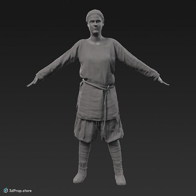 3D scan of a standing viking warrior woman in an A posture, wearing leather and wool clothes, from 980, Europe.