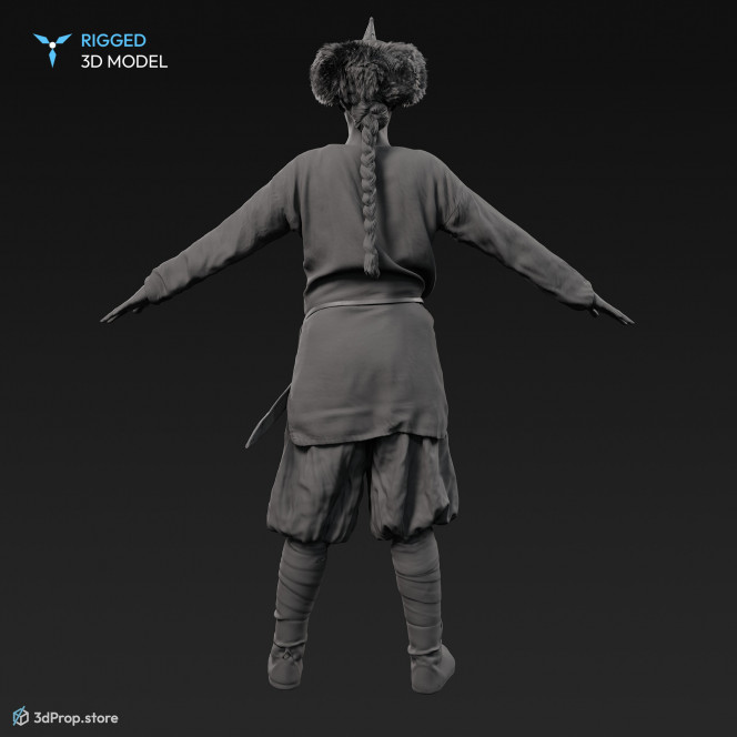 3D scan of a standing Swedish warrior woman in an A pose, wearing leather and wool clothes, from 980, Europe.