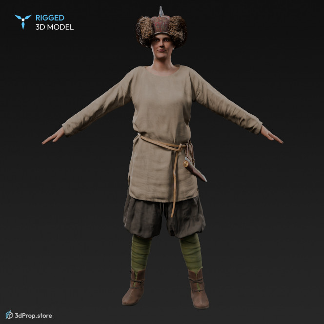 3D scan of a standing Swedish warrior woman in an A pose, wearing leather and wool clothes, from 980, Europe.
