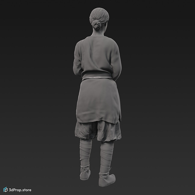 3D scan of a standing viking warrior woman, wearing leather and wool clothes, from 980, Europe.