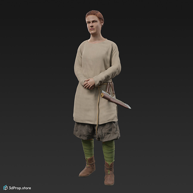 3D scan of a standing viking warrior woman, wearing leather and wool clothes, from 980, Europe.