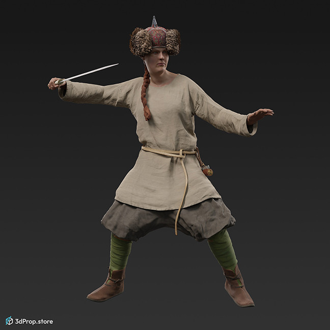 3D scan of a standing viking warrior woman, wearing leather and wool clothes, from 980, Europe.