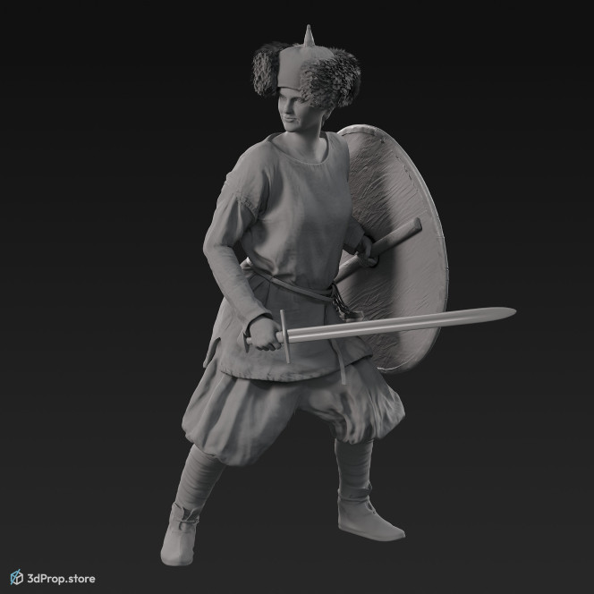 3D scan of a standing viking warrior woman, wearing leather and wool clothes, carrying a sword and a shield, from 980, Europe.