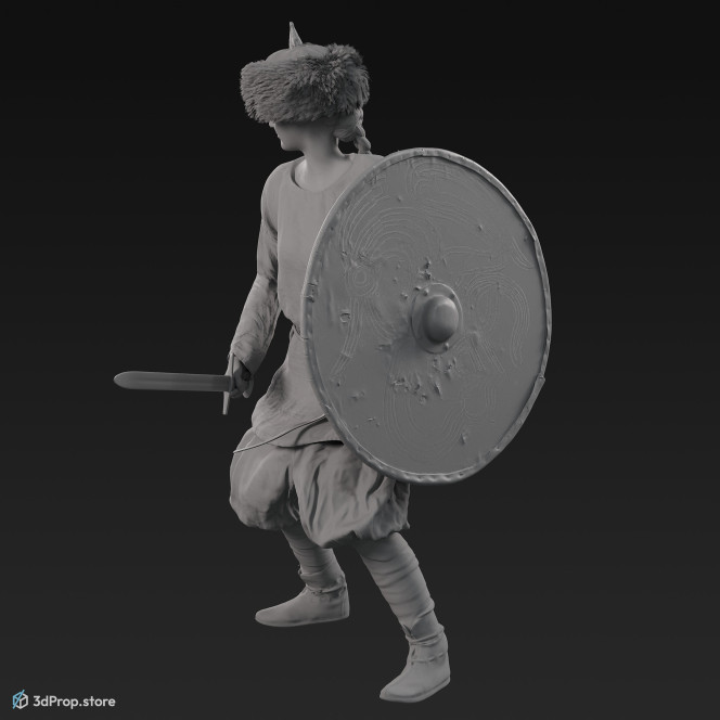 3D scan of a standing viking warrior woman, wearing leather and wool clothes, carrying a sword and a shield, from 980, Europe.