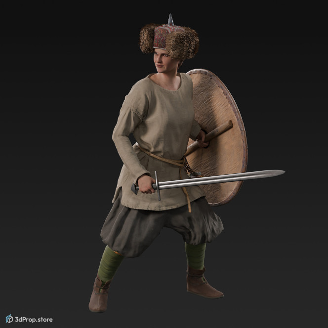 3D scan of a standing viking warrior woman, wearing leather and wool clothes, carrying a sword and a shield, from 980, Europe.