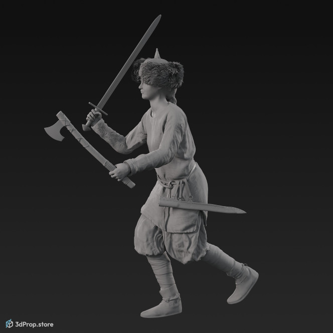 3D scan of an attacking viking warrior woman, wearing leather and wool clothes, from 980, Europe.