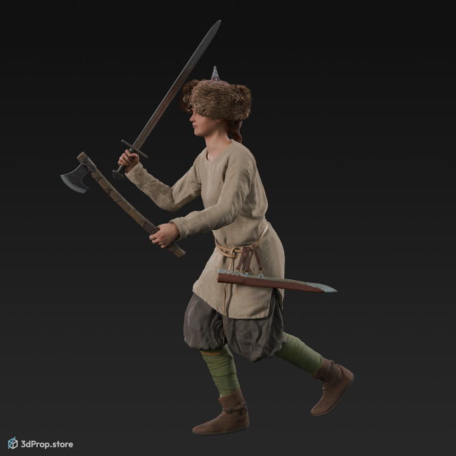 3D scan of an attacking viking warrior woman, wearing leather and wool clothes, from 980, Europe.