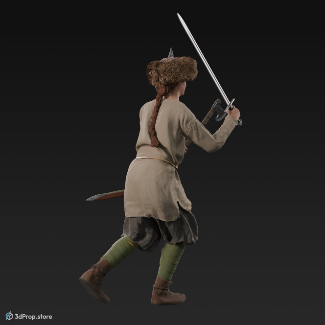 3D scan of an attacking viking warrior woman, wearing leather and wool clothes, from 980, Europe.