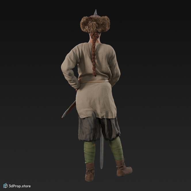 3D scan of a standing viking warrior woman, wearing leather and wool clothes, from 980, Europe.