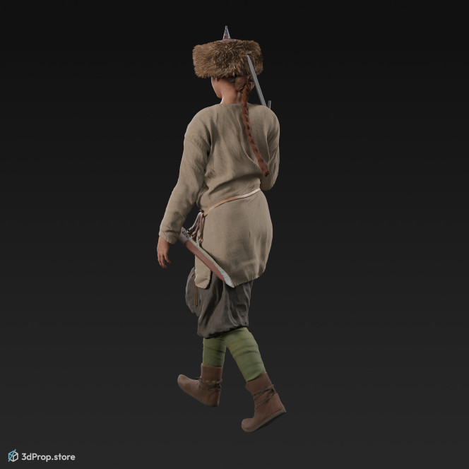 3D scan of a walking viking warrior woman, wearing leather and wool clothes, and holding a sword, from 980, Europe.