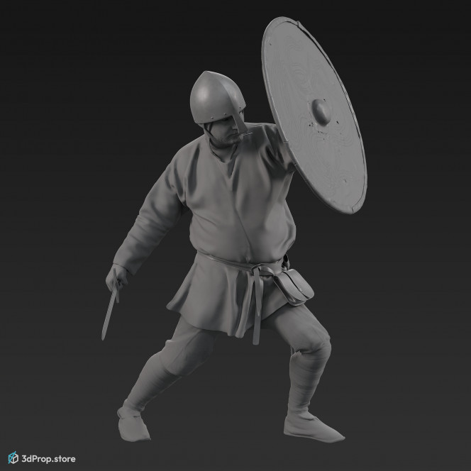 3D scan of a norman warrior man in a fighting pose, wearing a helmet and holding a sword and shield from 1050, Europe.