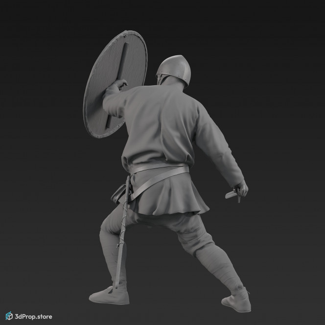 3D scan of a norman warrior man in a fighting pose, wearing a helmet and holding a sword and shield from 1050, Europe.