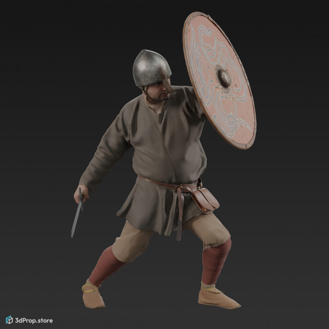 3D scan of a norman warrior man in a fighting pose, wearing a helmet and holding a sword and shield from 1050, Europe.