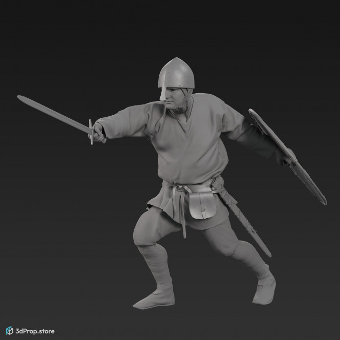 3D scan of a norman warrior man in a fighting pose, wearing a helmet and holding a sword and shield from 1050, Europe.