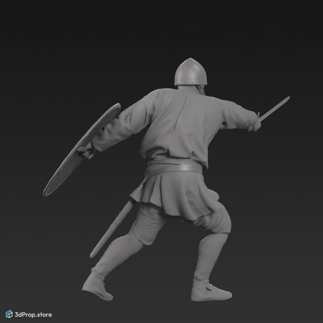 3D scan of a norman warrior man in a fighting pose, wearing a helmet and holding a sword and shield from 1050, Europe.