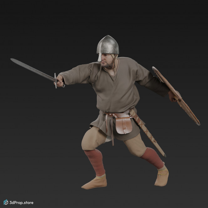 3D scan of a norman warrior man in a fighting pose, wearing a helmet and holding a sword and shield from 1050, Europe.