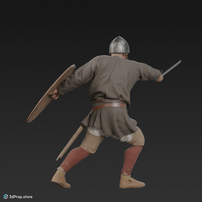3D scan of a norman warrior man in a fighting pose, wearing a helmet and holding a sword and shield from 1050, Europe.