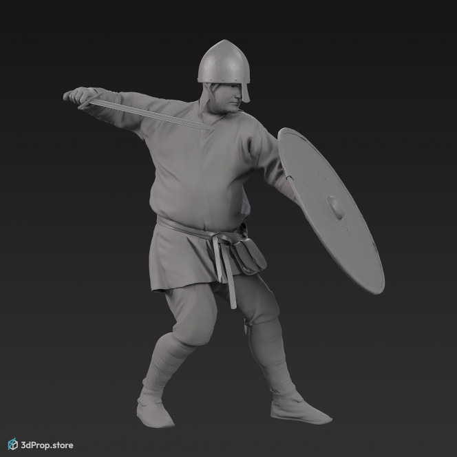 3D scan of a norman warrior man in a fighting pose, wearing a helmet and holding a sword and shield from 1050, Europe.