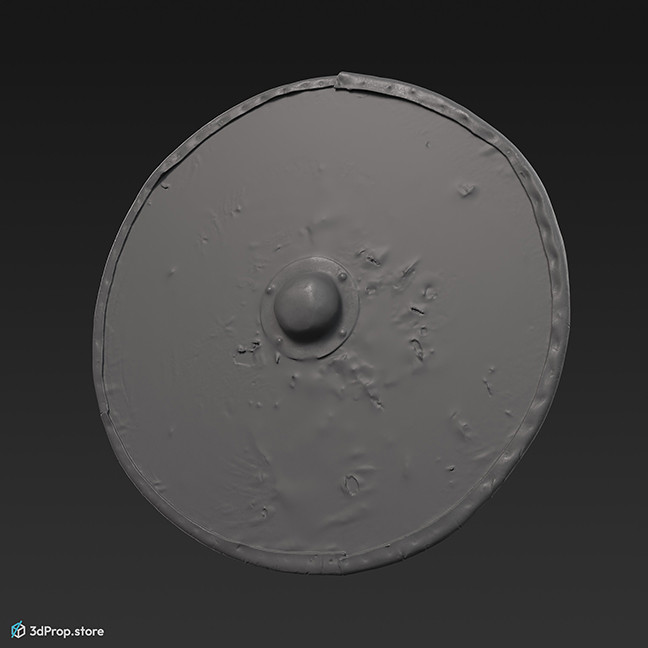 3d scan of a wooden normann shield with leathered edges, black and red pattern, with metal element in the middle from 900, Europe.