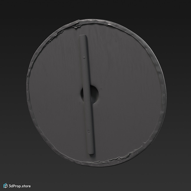 3d scan of a wooden normann shield with leathered edges, black and red pattern, with metal element in the middle from 900, Europe.