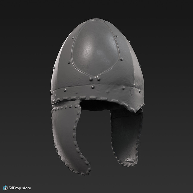3d scan of a normann, rusty helmet with metal ear protection and leather strap under the chin, from 900, Europe.