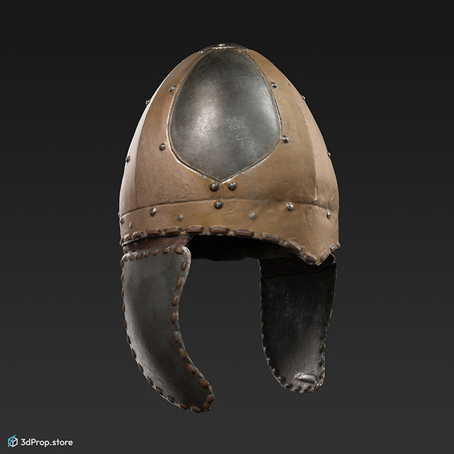 3d scan of a normann, rusty helmet with metal ear protection and leather strap under the chin, from 900, Europe.