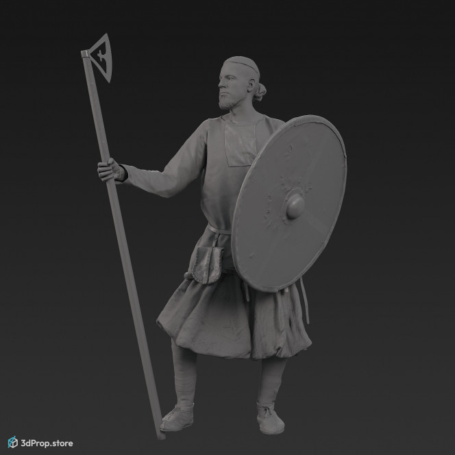 3D scan of a standing viking warrior from the 1000 , wearing linen, wool and leather clothing and armour .