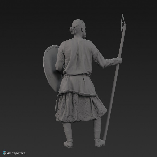 3D scan of a standing viking warrior from the 1000 , wearing linen, wool and leather clothing and armour .