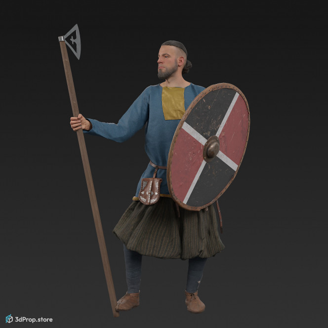 3D scan of a standing viking warrior from the 1000 , wearing linen, wool and leather clothing and armour .