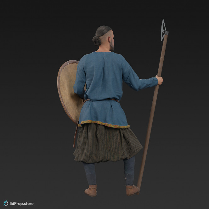 3D scan of a standing viking warrior from the 1000 , wearing linen, wool and leather clothing and armour .
