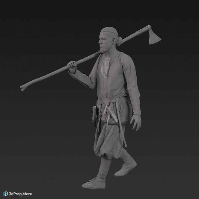 3D scan of a walking rich viking warrior from the 1000, wearing linen, wool and leather clothing and armour.