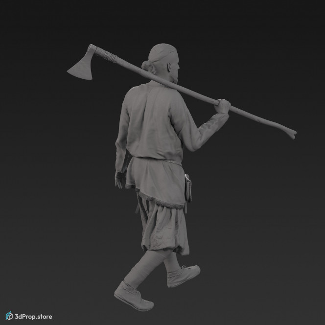 3D scan of a walking rich viking warrior from the 1000, wearing linen, wool and leather clothing and armour.