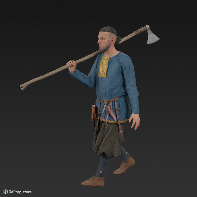 3D scan of a walking rich viking warrior from the 1000, wearing linen, wool and leather clothing and armour.