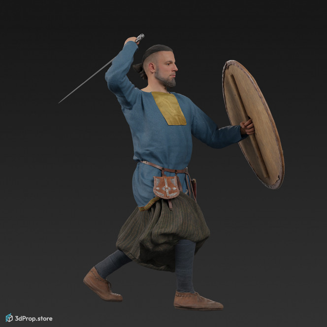 3D model of a fighting viking warrior from the 1000 , wearing linen, wool and leather clothing and armour.