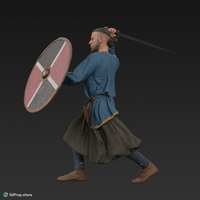 3D model of a fighting viking warrior from the 1000 , wearing linen, wool and leather clothing and armour.