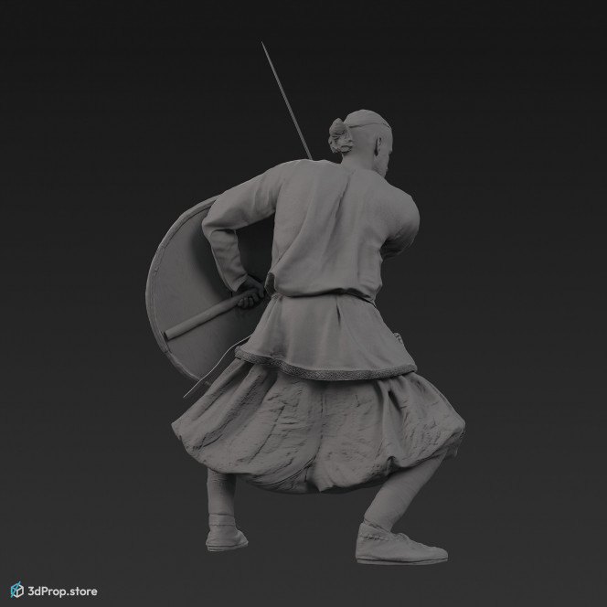 3D scan of a defensive rich viking warrior from the 1000s, wearing linen, wool and leather clothing and armour.