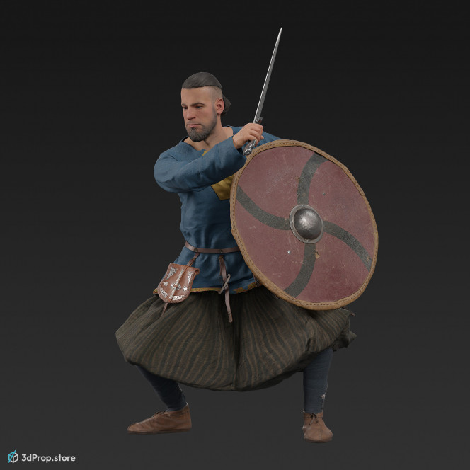 3D scan of a defensive rich viking warrior from the 1000s, wearing linen, wool and leather clothing and armour.