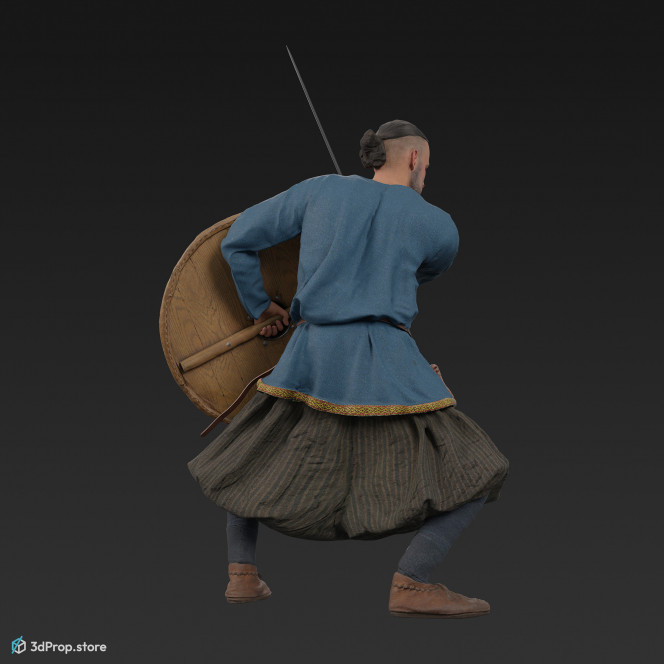 3D scan of a defensive rich viking warrior from the 1000s, wearing linen, wool and leather clothing and armour.