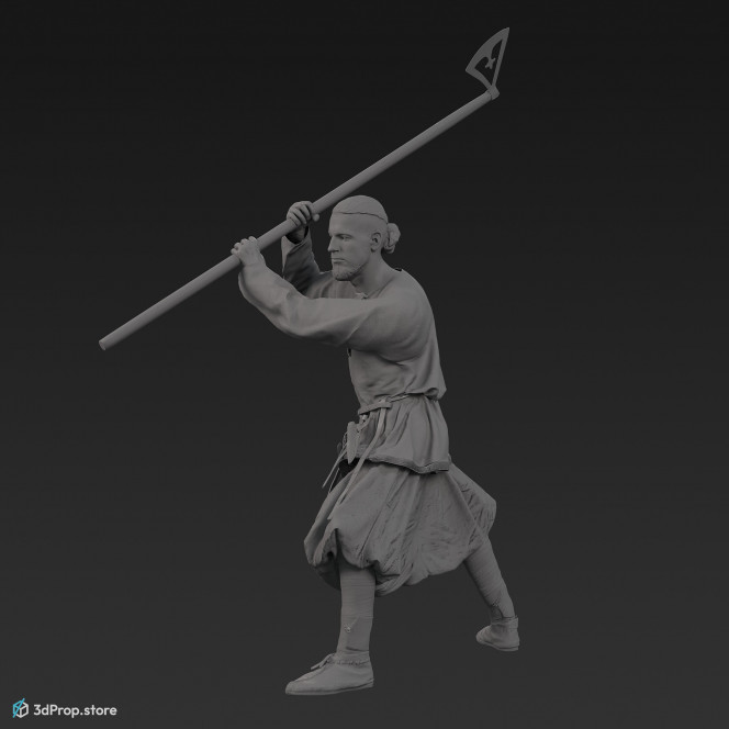 3D scan of a fighting rich viking warrior from the 1000, wearing linen, wool and leather clothing and holding an axe.