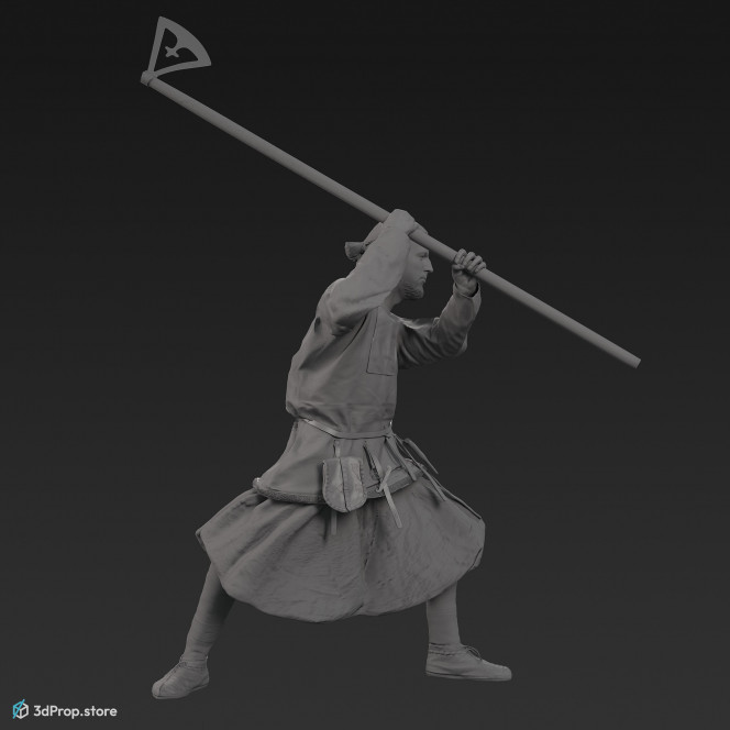 3D scan of a fighting rich viking warrior from the 1000, wearing linen, wool and leather clothing and holding an axe.