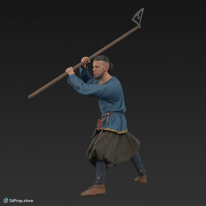 3D scan of a fighting rich viking warrior from the 1000, wearing linen, wool and leather clothing and holding an axe.