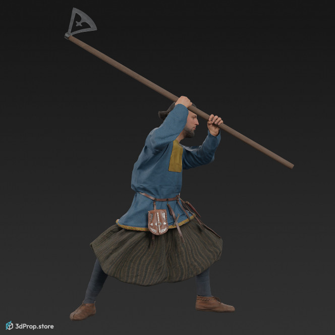 3D scan of a fighting rich viking warrior from the 1000, wearing linen, wool and leather clothing and holding an axe.
