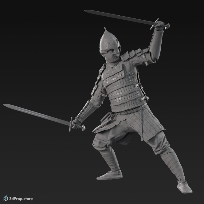 3D scan of an elite warrior man, who is in a defensive position, blocking his opponent's attack with one sword, from the 1000, Europe.