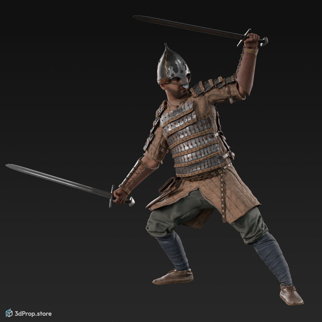 3D scan of an elite warrior man, who is in a defensive position, blocking his opponent's attack with one sword, from the 1000, Europe.