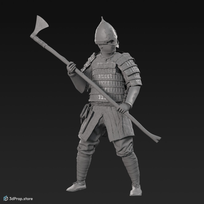 3D scan of an elite warrior man, wearing gambeson, metal armor and a belt with a leather pouch while holding an axe, from the 1000, Europe.