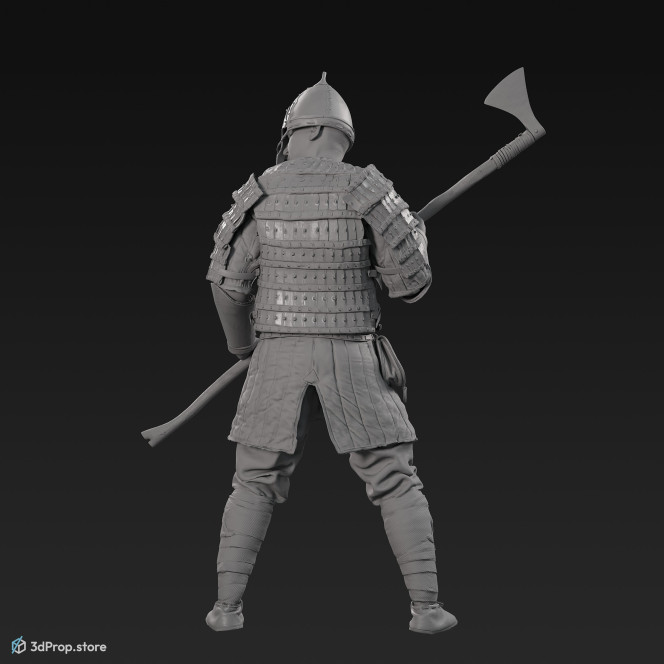 3D scan of an elite warrior man, wearing gambeson, metal armor and a belt with a leather pouch while holding an axe, from the 1000, Europe.