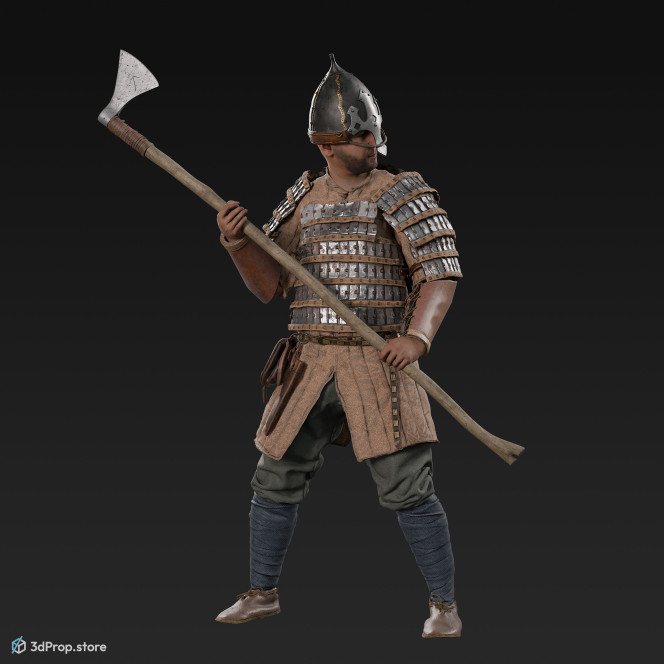 3D scan of an elite warrior man, wearing gambeson, metal armor and a belt with a leather pouch while holding an axe, from the 1000, Europe.