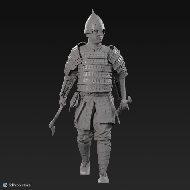 3D scan of a  walking elite warrior man, carrying weapons in his hands, from the 1000, Europe.