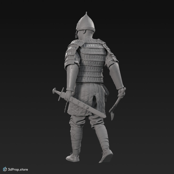 3D scan of a  walking elite warrior man, carrying weapons in his hands, from the 1000, Europe.