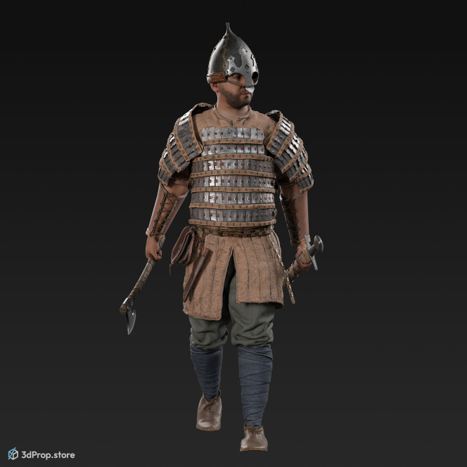 3D scan of a  walking elite warrior man, carrying weapons in his hands, from the 1000, Europe.